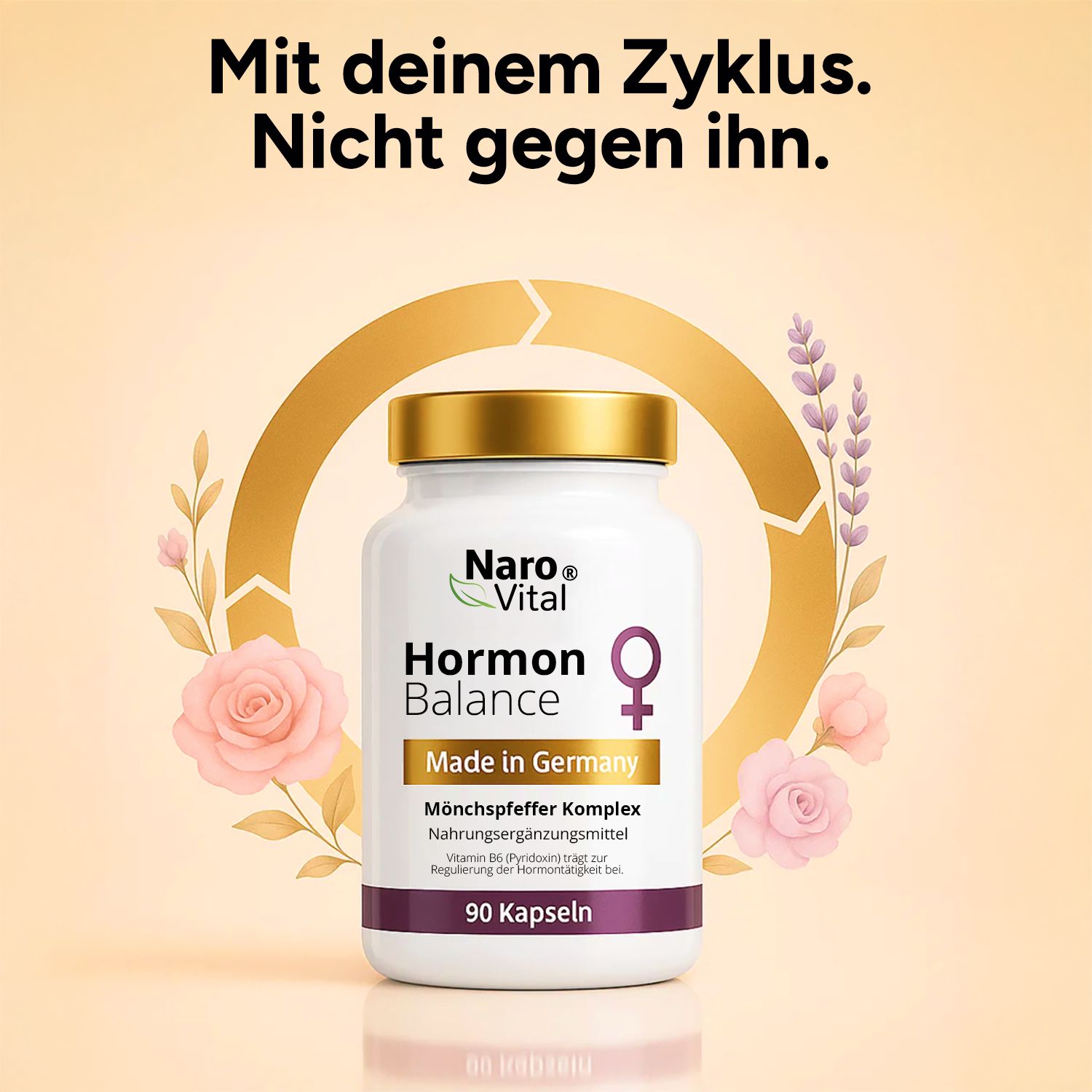 Weißes Flaschendesign mit goldfarbenem Deckel. Text: Hormon Balance, 90 Kapseln. Umgeben von Blumen und Kräutern.