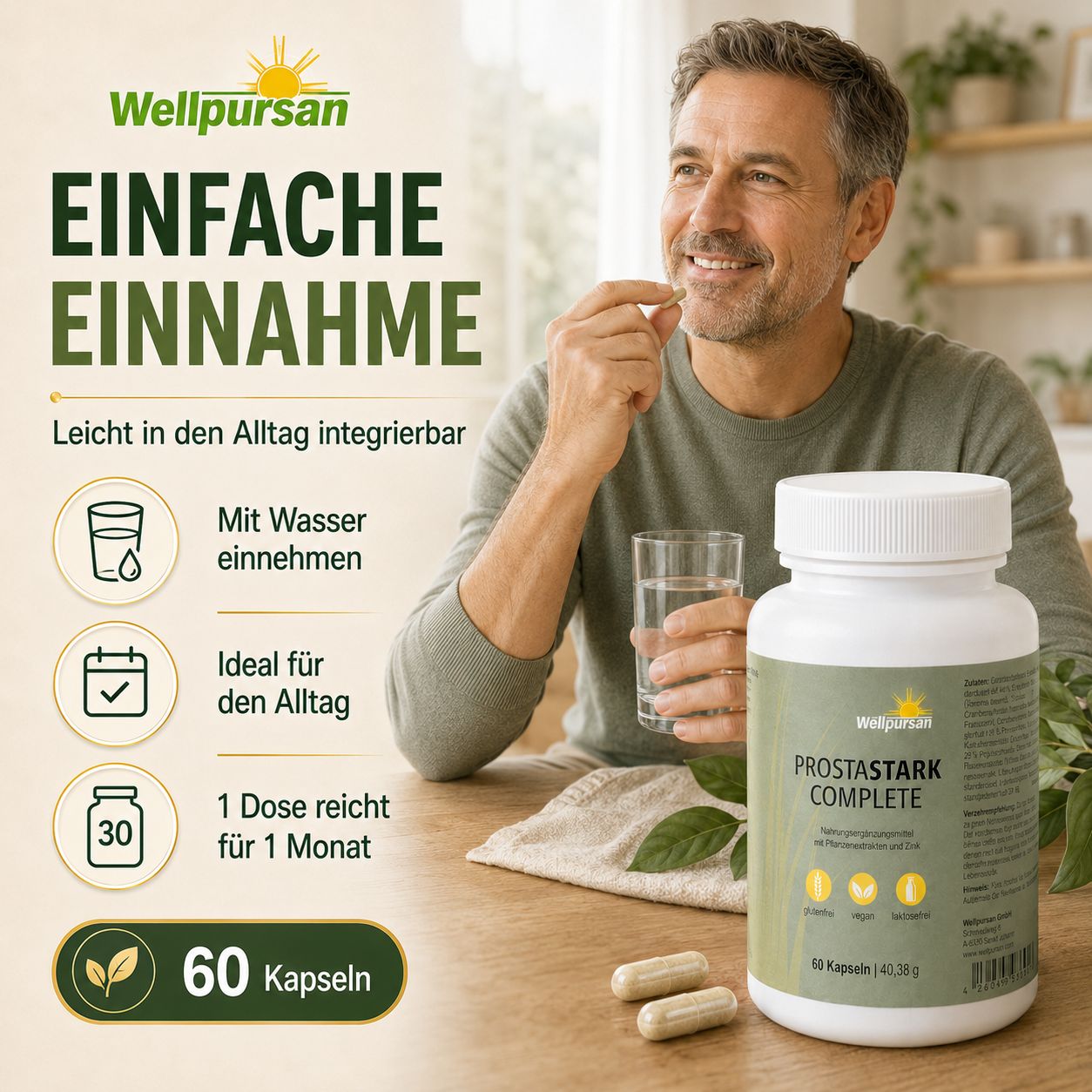 Mann nimmt Wellpursan Prostastark Complete Kapsel mit Wasser ein.