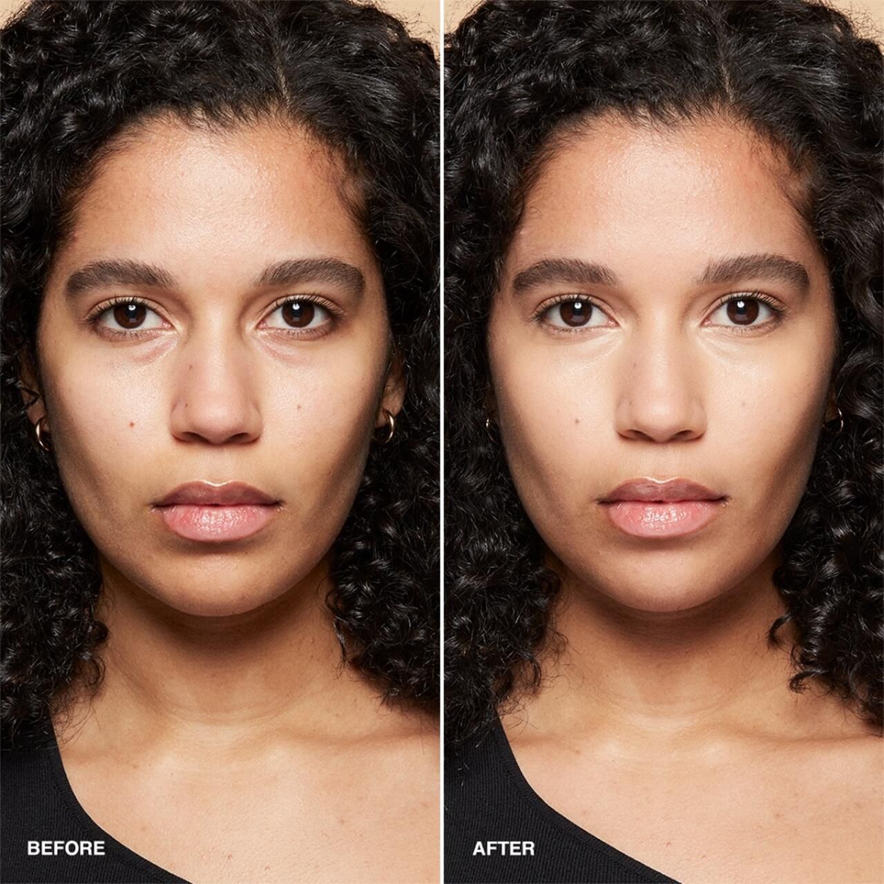 Vorher-Nachher-Vergleich. Gesicht einer Frau, links ohne, rechts mit Concealer.