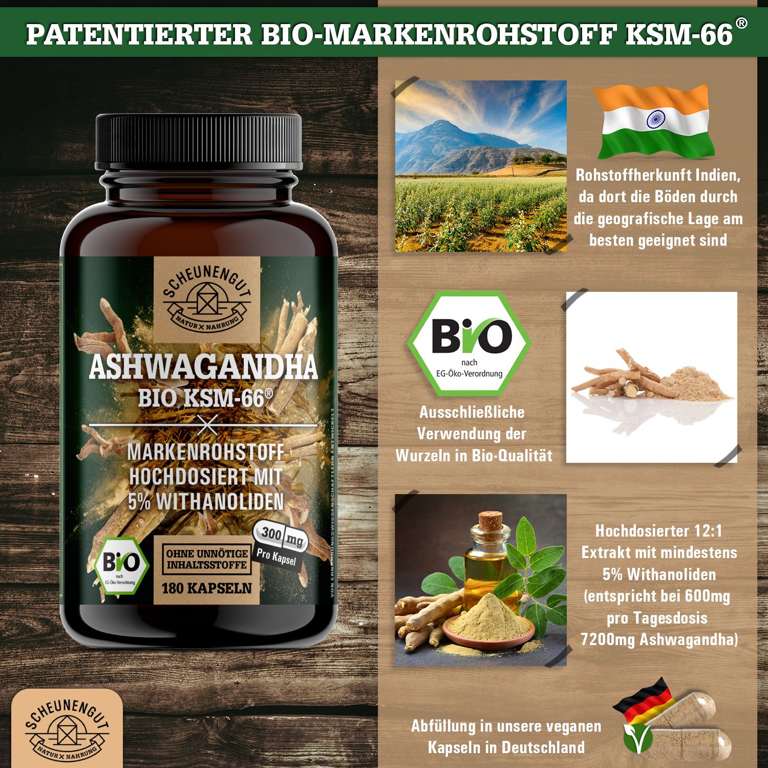 Scheunengut® BIO Ashwagandha KSM-66 | Markenrohstoff mit mindestens 5% Withanolide