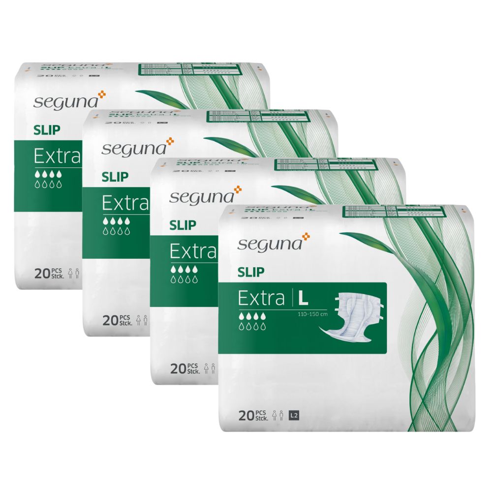 Vier Packungen SEGUNA Slip Extra. Jede Packung zeigt das Produkt, die Marke und die Saugfähigkeit. Größe L ist auf einer Packung angegeben.