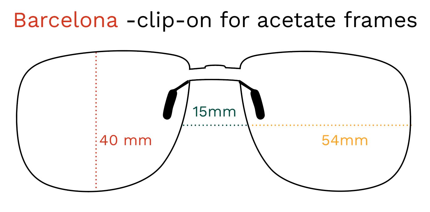 Skizze eines Clip-on-Sonnenbrillen-Modells. Maße: 40mm Höhe, 54mm Breite, 15mm Steg.