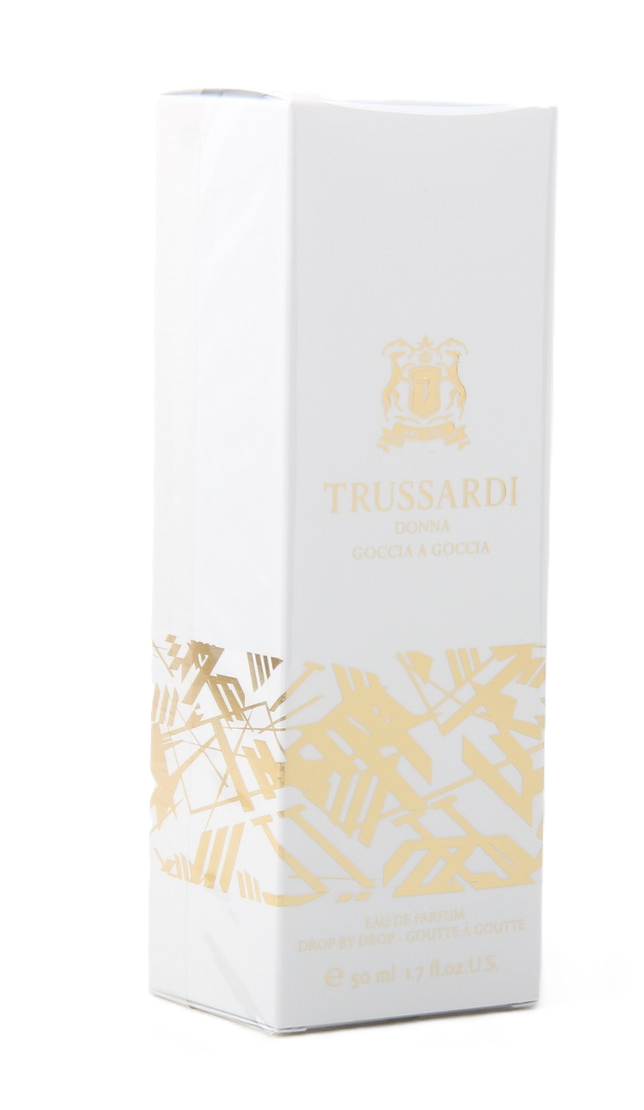 Weiße Verpackung mit goldenem Dekor und Logo. Text: Trussardi Donna Goccia a Goccia. Aufschrift: Eau de Parfum Spray.