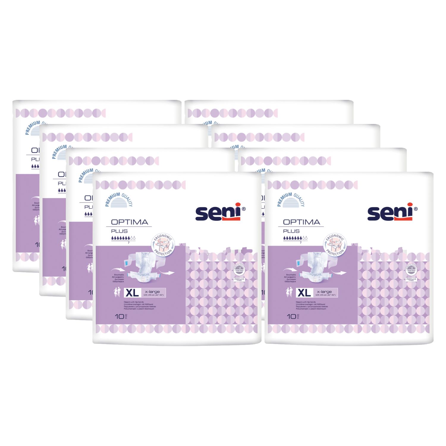Mehrere Packungen Seni Optima Plus. Verpackung mit Produktabbildung, XL-Größe, 10 Stück.