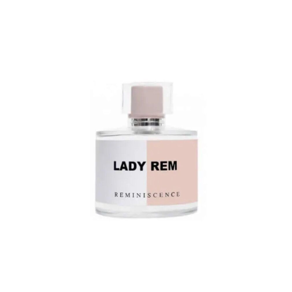 Glasflakon von Lady Rem Eau de Parfum. Aufschrift: Lady Rem, Reminiscence. Transparenter Verschluss.