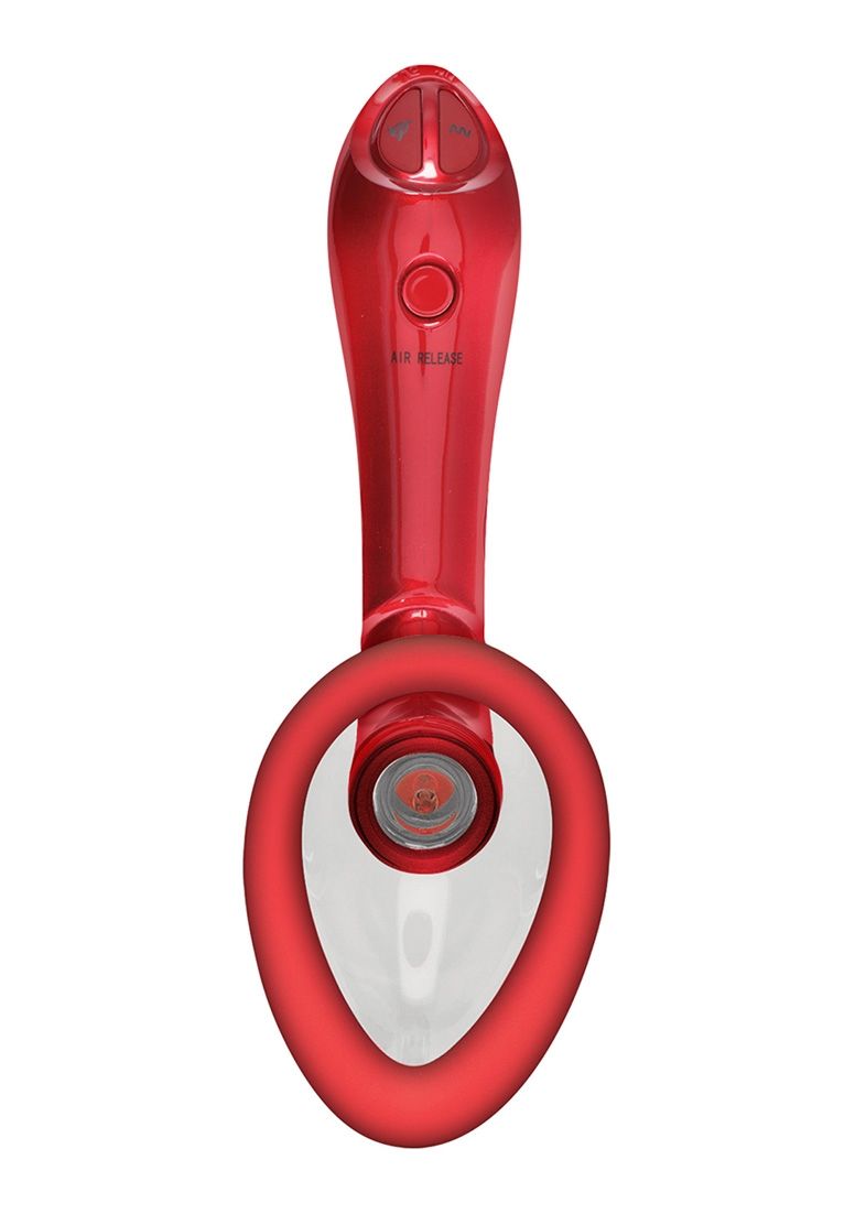 Roter, automatischer, vibrierender Body Pump. Mit Ring und Knöpfen. Aufschrift: AIR RELEASE.