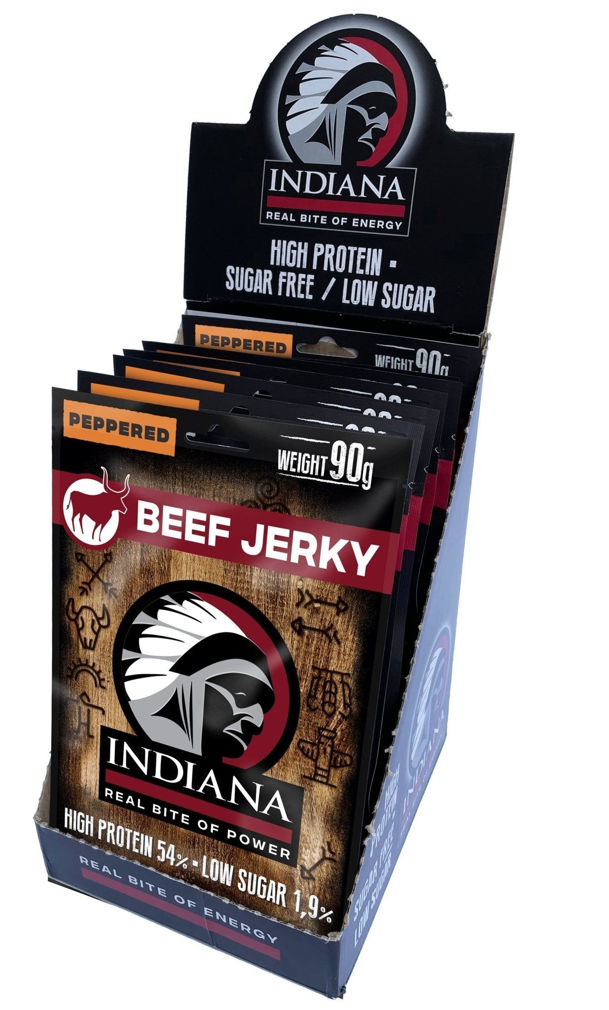 Verpackung mit Beef Jerky. Aufschrift: INDIANA, High Protein, Sugar Free. Einzelne Beutel mit Aufschrift Peppered und 90g.