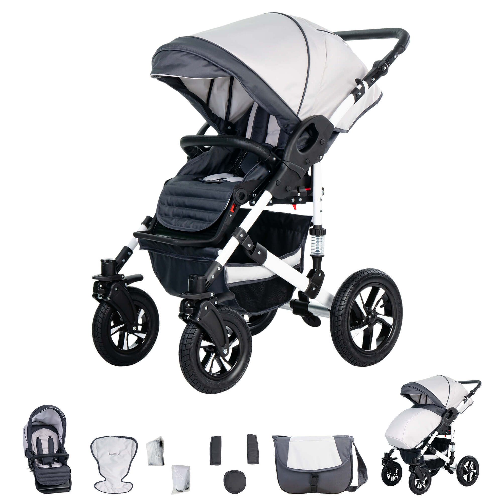 Friedrich Hugo Hamburg 4 in 1 Kinderwagen Komplettset ISOFIX Basis Luftreifen, White & Grey