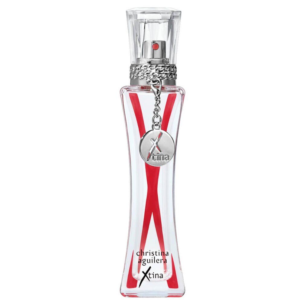 Christina Aguilera Xtina Eau de Parfum Flakon mit rotem X-Design, silbernem Anhänger und klarem Verschluss.