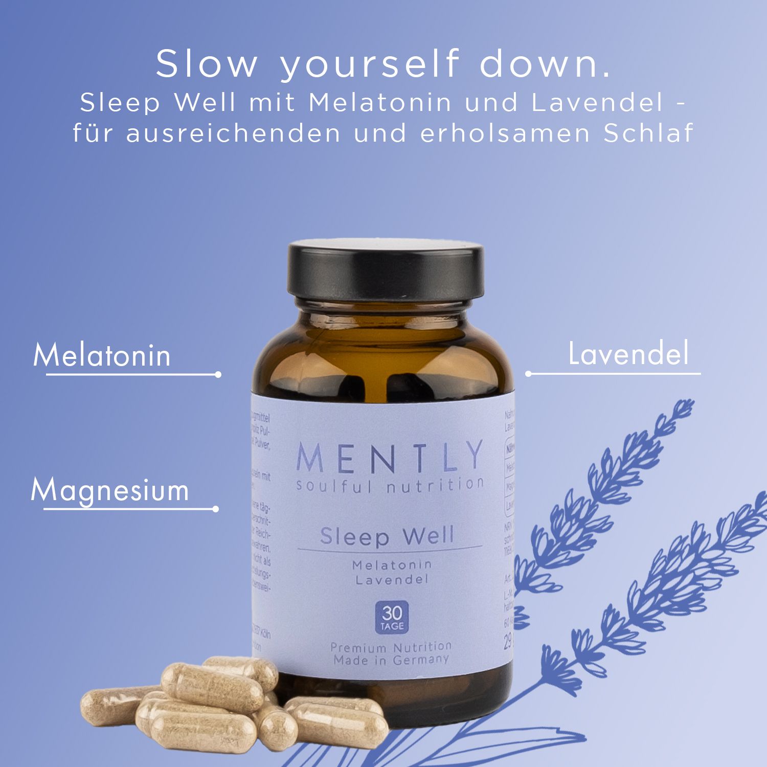 Braune Glasflasche mit Kapseln. Aufschrift: MENTLY Sleep Well, Melatonin, Lavendel, 30 Kapseln. Melatonin, Lavendel, Magnesium.