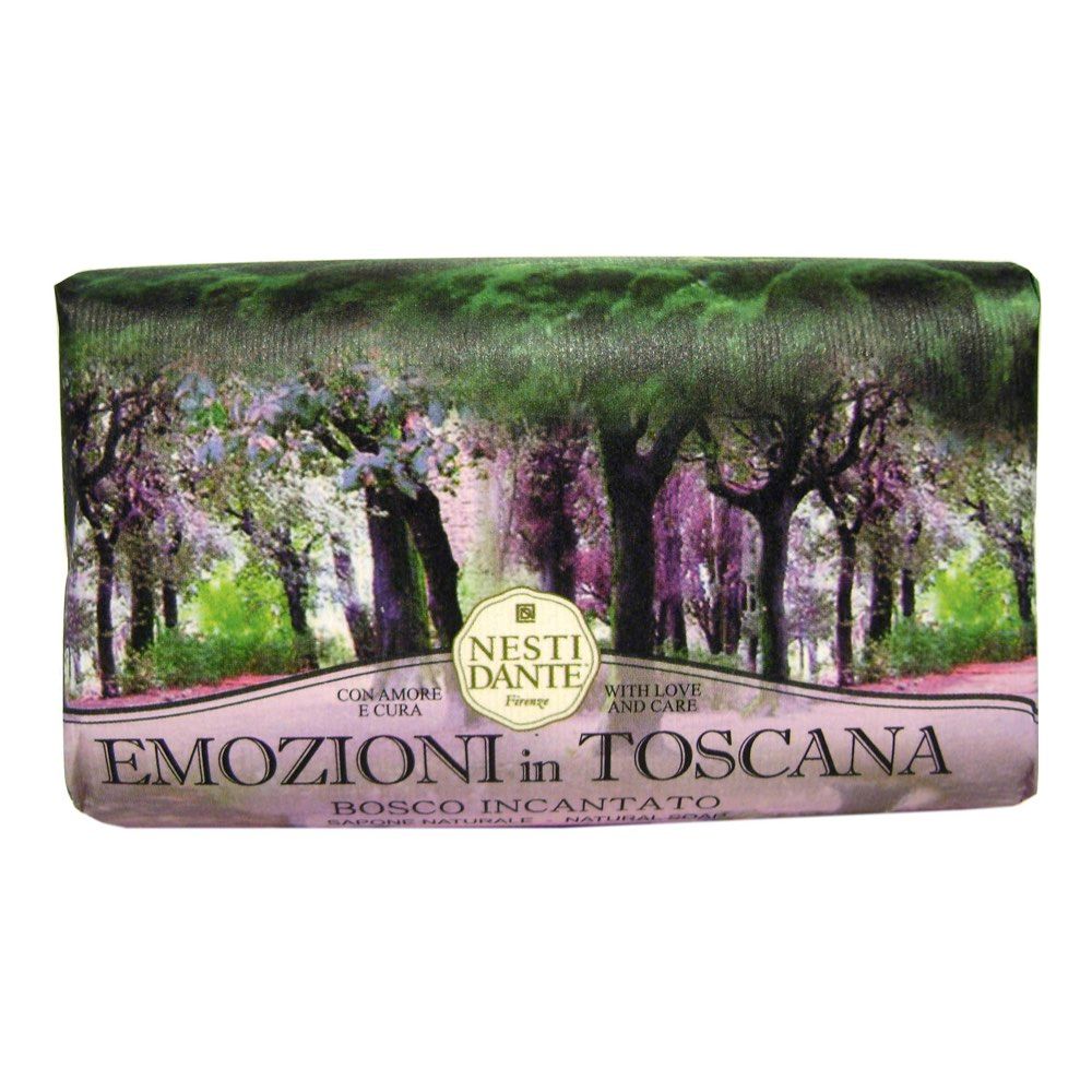 Savon avec motif de paysage. Texte: Emozioni in Toscana, Bosco Incantato, Nesti Dante. Avec amour et soin.