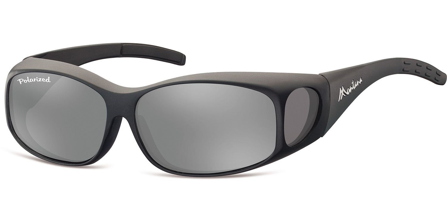 Schwarze Sonnen-Überbrille mit silbernen Gläsern. Seitlicher Markenschriftzug Montana. Auf dem Glas steht 'Polarized'.
