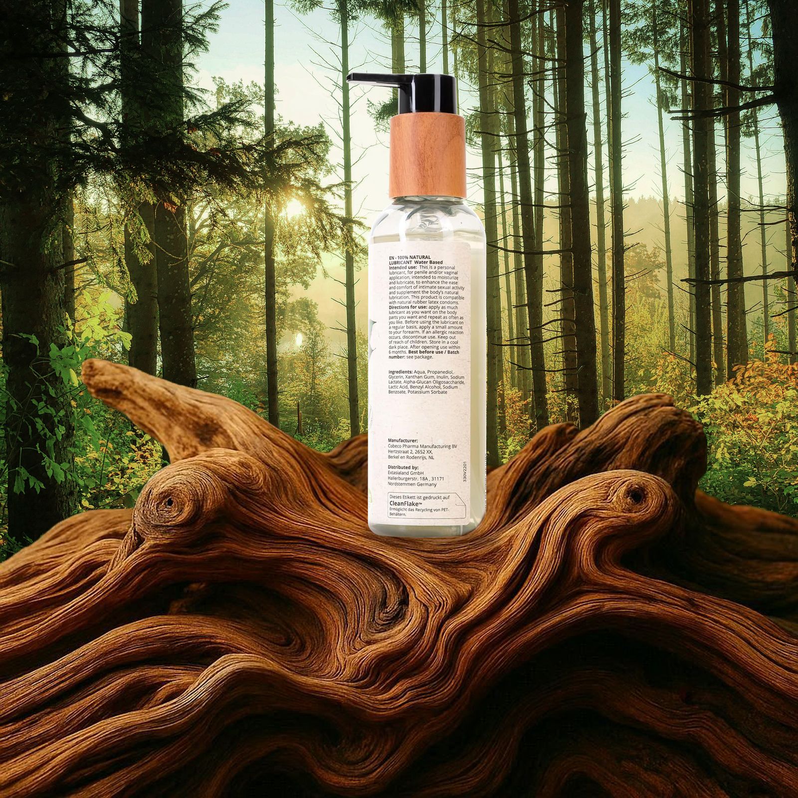 Rückseite der BIO BALANCE Gleitmittel-Flasche. Text mit Produktinformationen und Inhaltsstoffen.