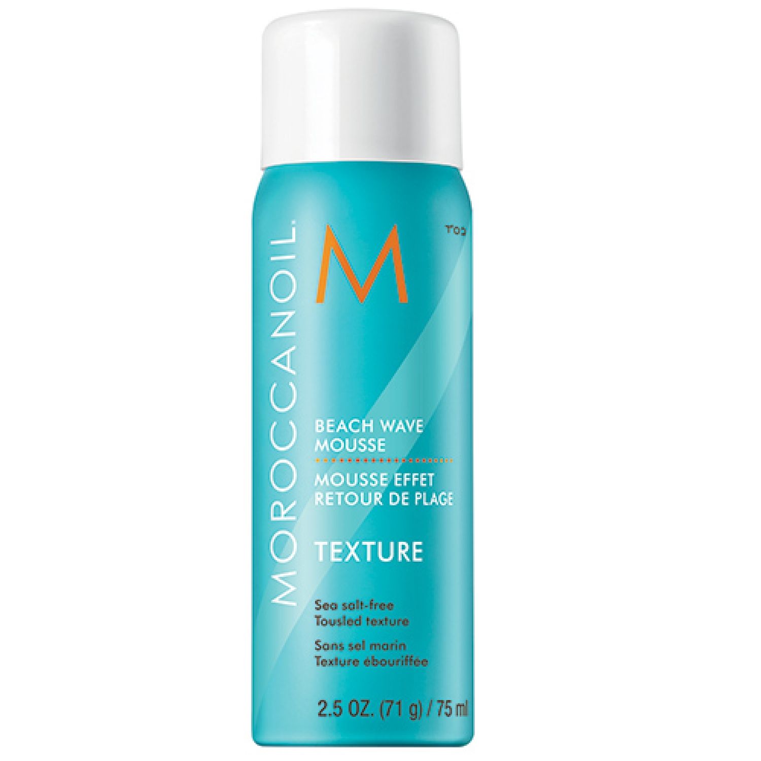 Türkisblaue Sprühflasche mit weißem Deckel. Aufschrift: Moroccanoil, Beach Wave Mousse, Texture. Volumen: 75 ml.