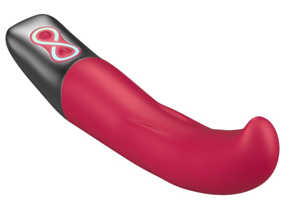 Roter Vibrator mit schwarzem Ende. Auf dem Ende ein beleuchtetes Unendlichkeitszeichen und Knöpfe.