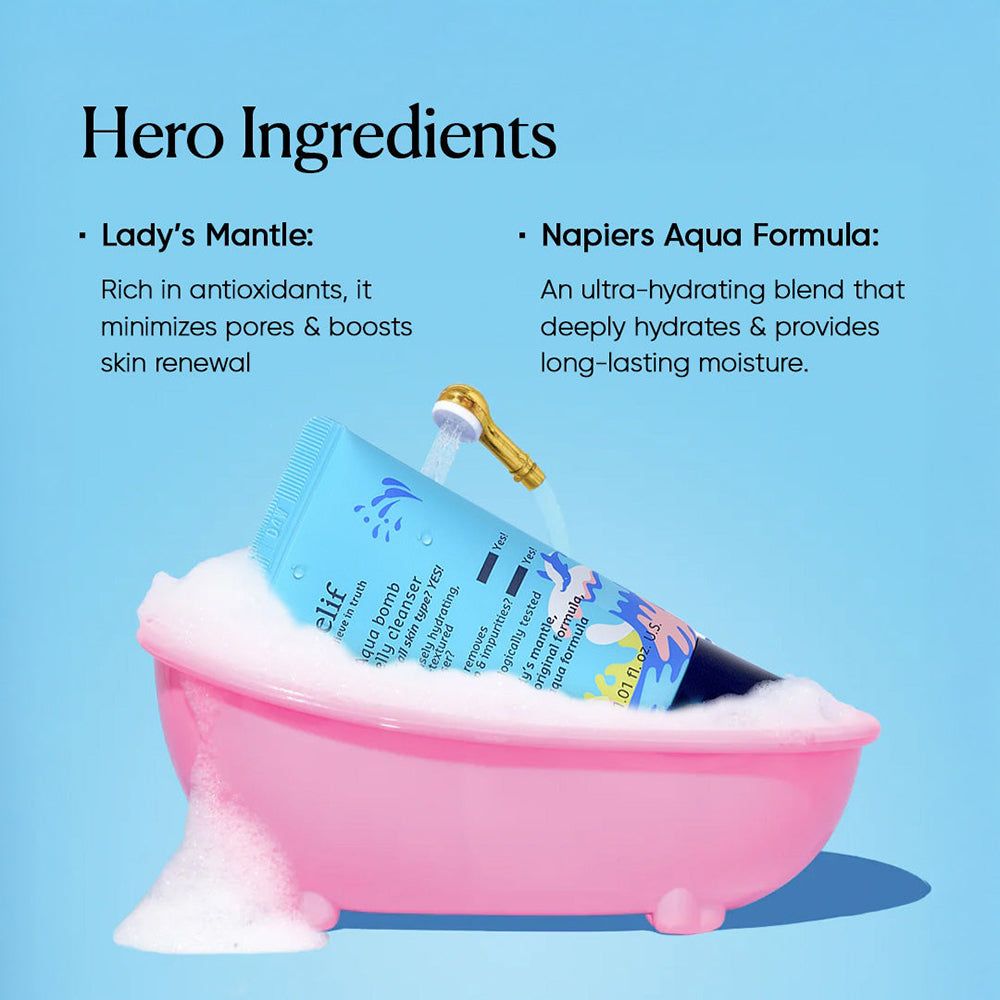 Belif Aqua Bomb Jelly Cleanser Tube in einer rosa Badewanne mit Schaum und einer goldenen Duschbrause.