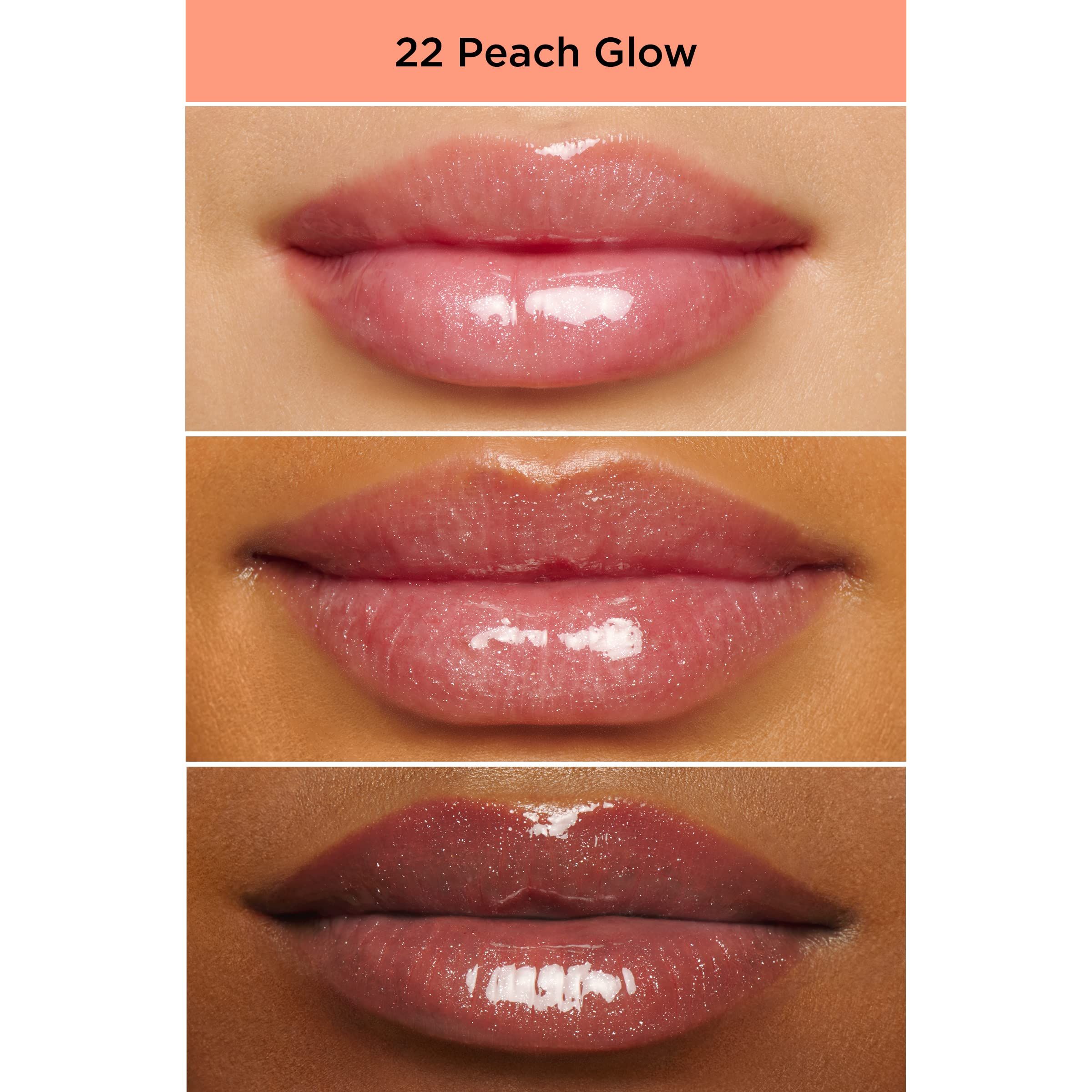 Drei Lippen-Beispiele mit Clarins Lip Perfector in verschiedenen Farbtönen. Text: 22 Peach Glow.