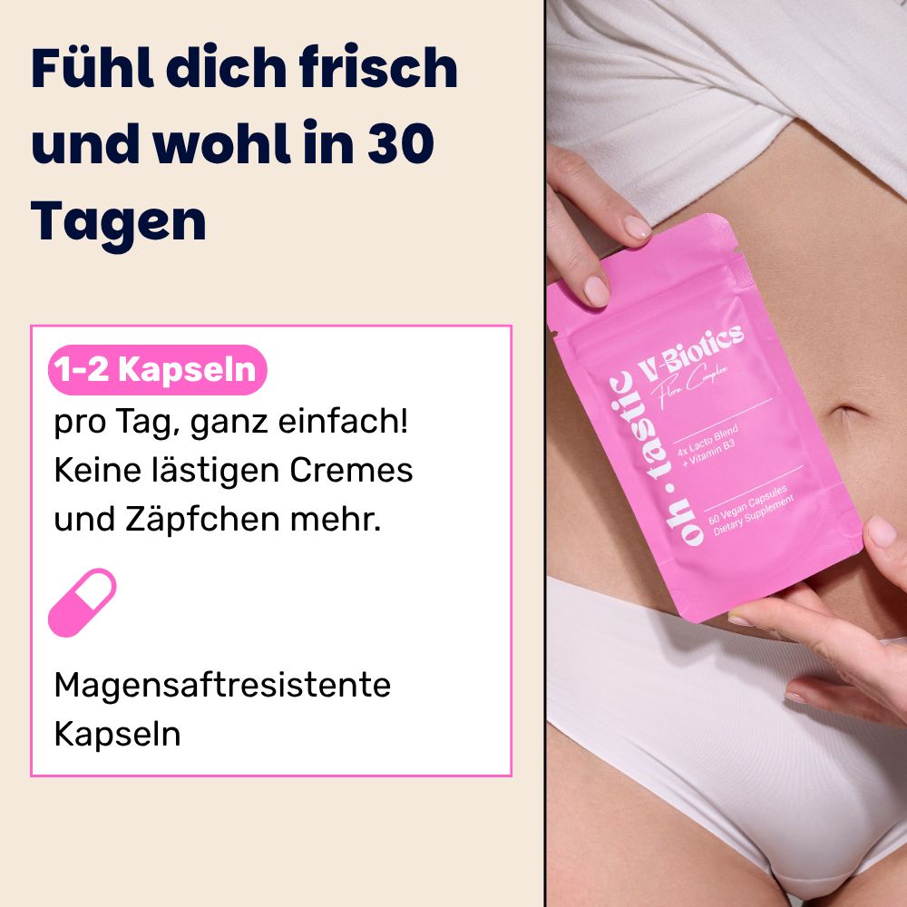 Rosa Beutel V-Biotics auf Bauch. Text: 1-2 Kapseln pro Tag. Magensaftresistente Kapseln.
