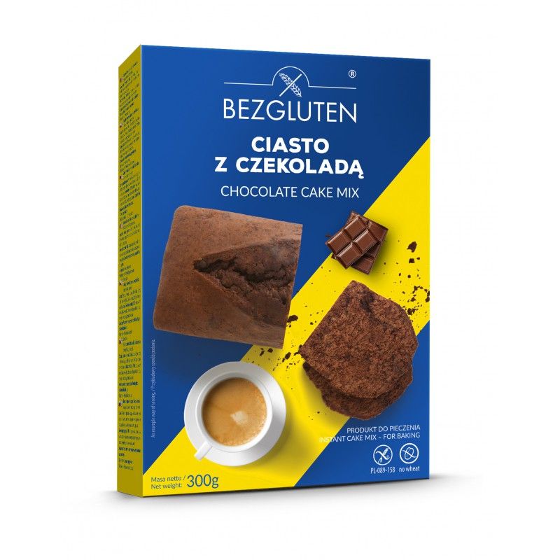 Blaue Schachtel mit „BEZGLUTEN“ und „CIASTO Z CZEKOLADĄ“. Abbildung von Kuchen, Schokoladenstückchen und Kaffee. 300g.