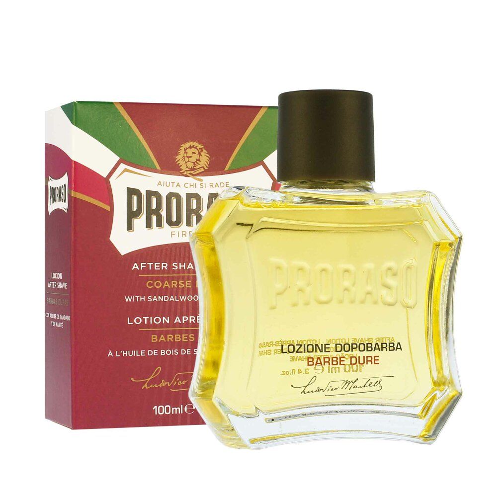 Proraso Sandelholz After Shave Lotion in Glasflasche, Seitenansicht.
