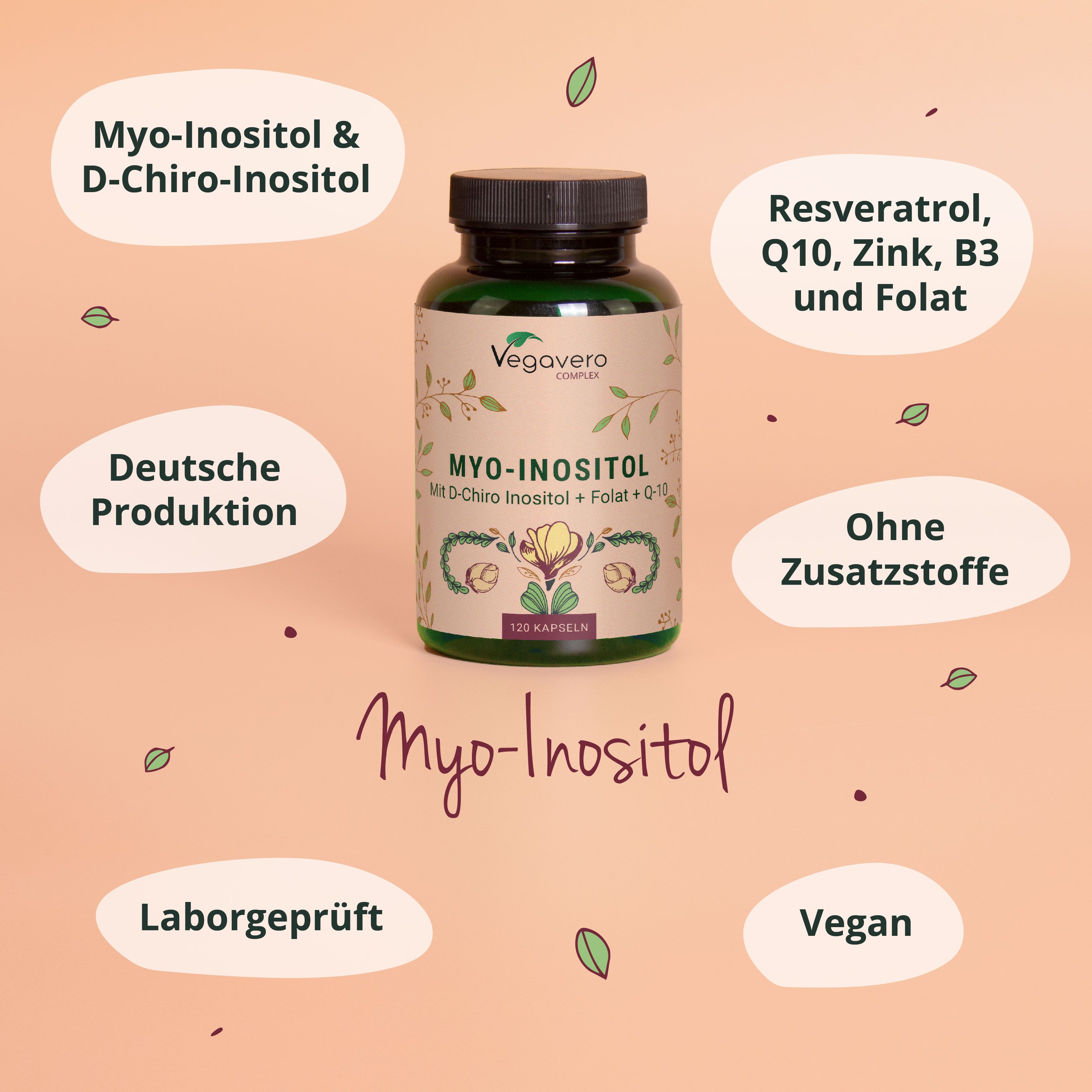 Flasche mit Kapseln, umgeben von Text. Text: Myo-Inositol, Deutsche Produktion, ohne Zusatzstoffe, Vegan.