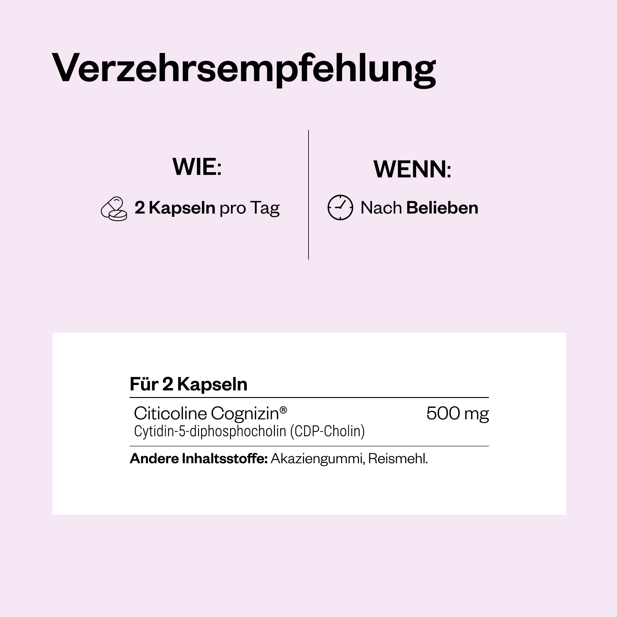 Infografik mit Verzehrsempfehlung für CDP-Cholin. 2 Kapseln pro Tag. Enthält Citicoline Cognizin und andere Inhaltsstoffe.