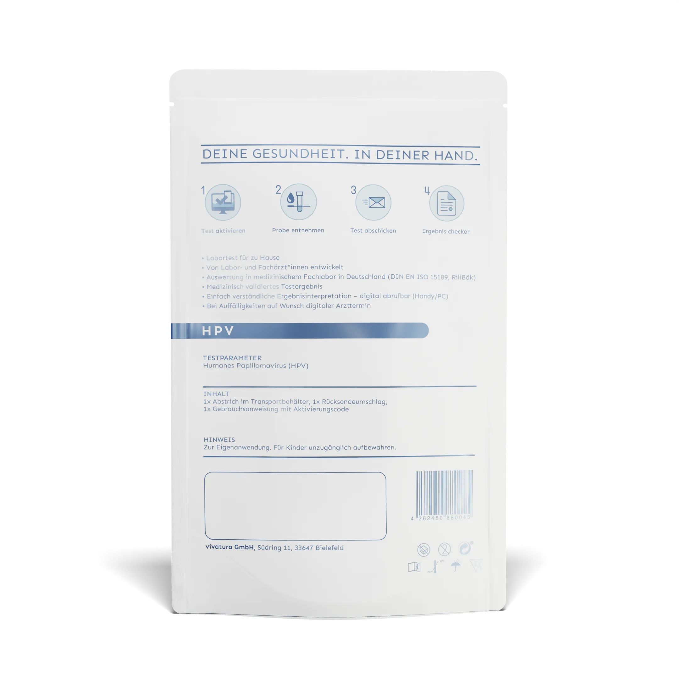Rückseite des Beutels. Aufschrift: Ihre Gesundheit in Ihrer Hand. Illustrationen und Text zu Testschritten. Barcode.