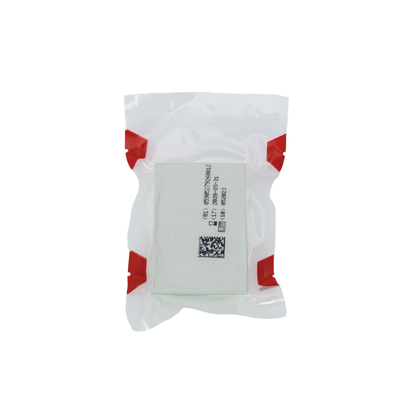 Verpackung mit komprimierter Gaze. Rote Verschlüsse. Aufschrift: WERO MED-X® TACTICAL COMPRESSED GAUZE®. Barcode und Chargennummer.