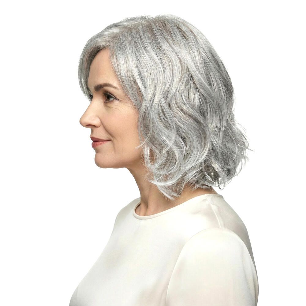 Perücke Capri, graues Haar mit Pony, wellig. Frau im Profil, helles Oberteil.