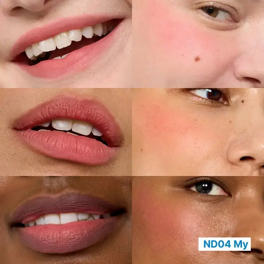 Verschiedene Lippen und Wangen mit Rouge. Text: ND04 My.