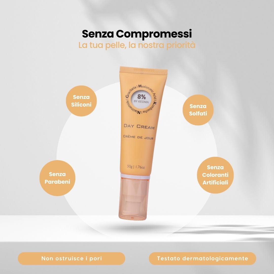 Tubo di crema giorno con testo. 8% by Kedma. Senza siliconi, solfati, parabeni, coloranti artificiali.