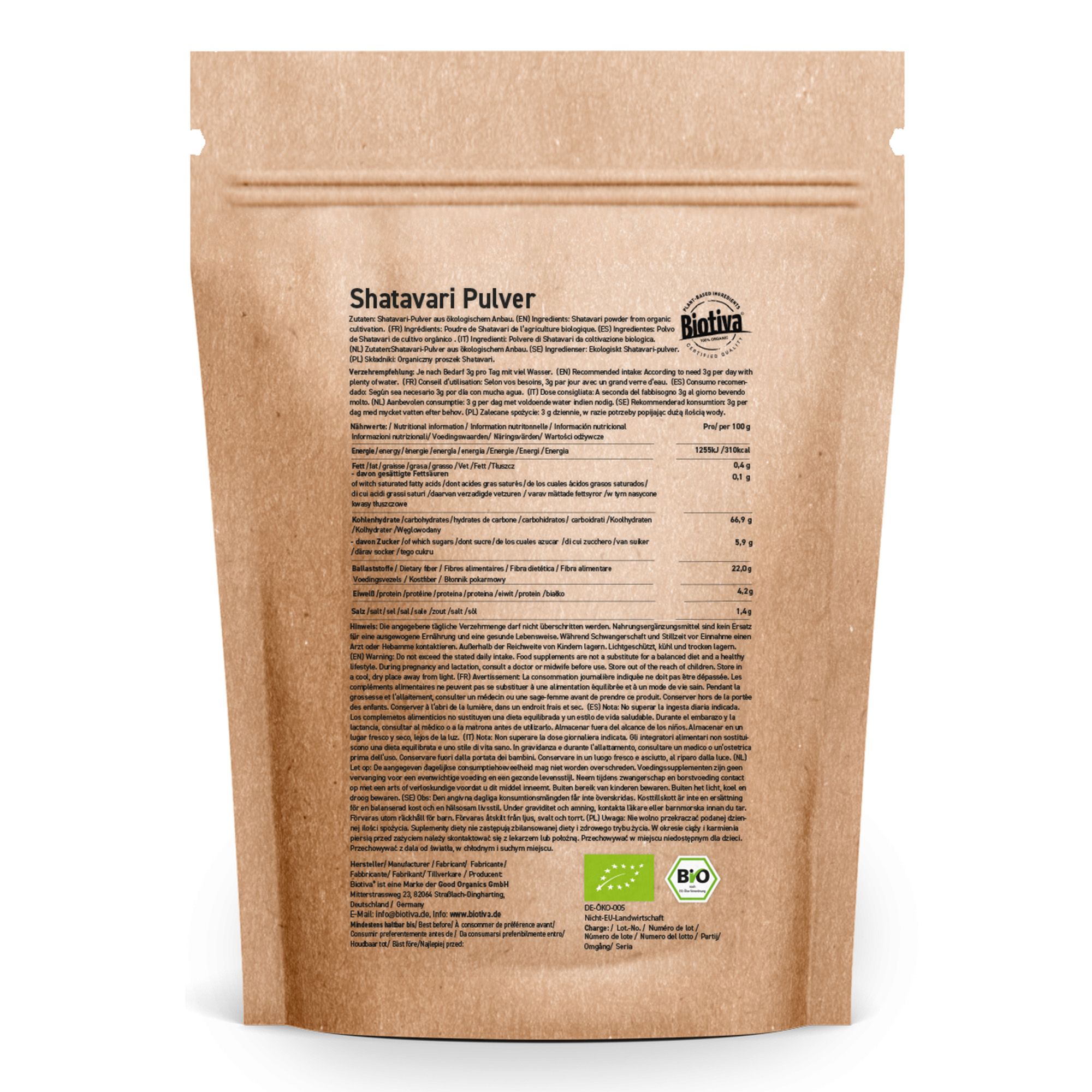 Rückseite der Shatavari Pulver Verpackung. Enthält Informationen zu Inhaltsstoffen und Nährwerten. Bio-Siegel.