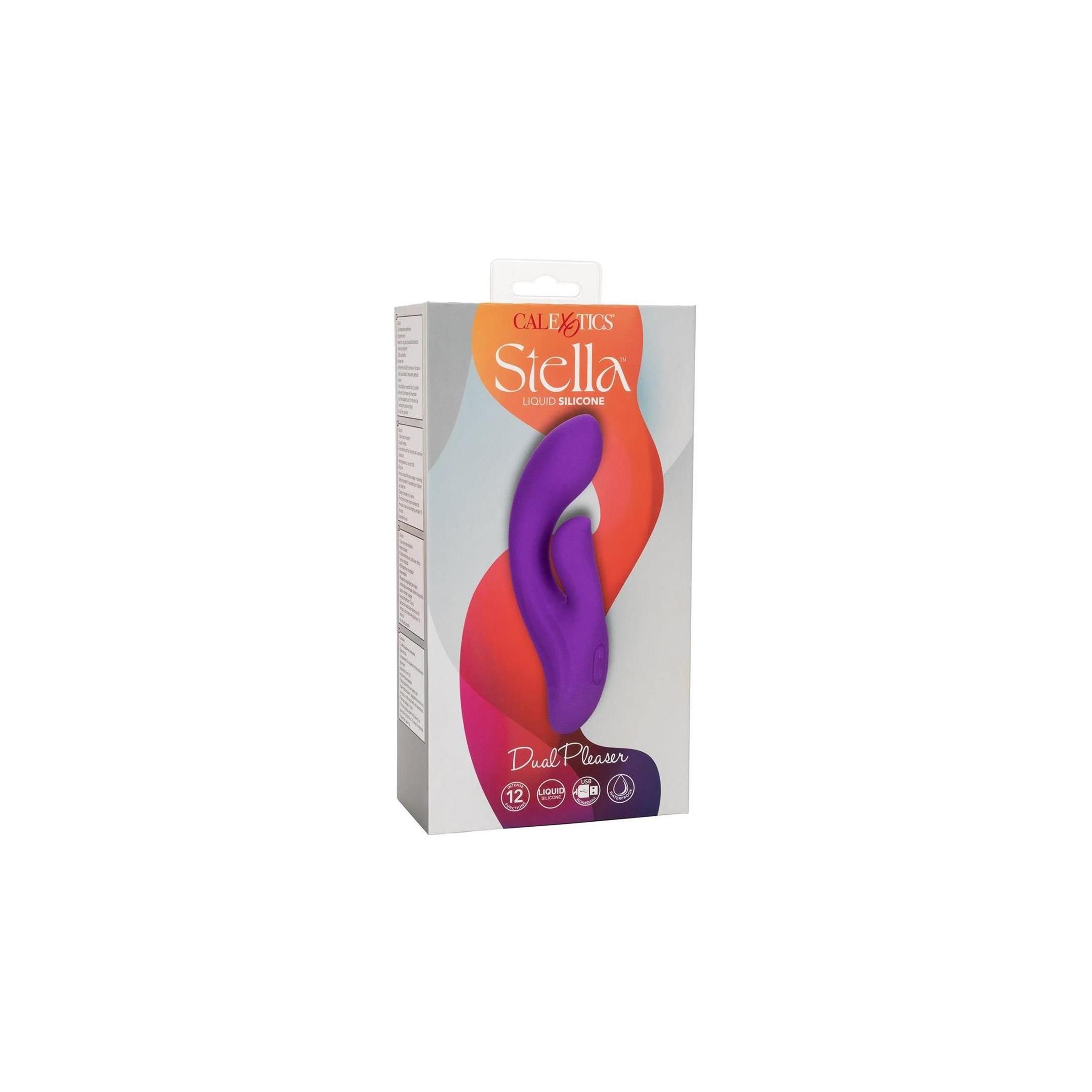 Lila Dual Pleaser in Verpackung. Marke CalExotics, Modell Stella. Aufschrift Dual Pleaser.