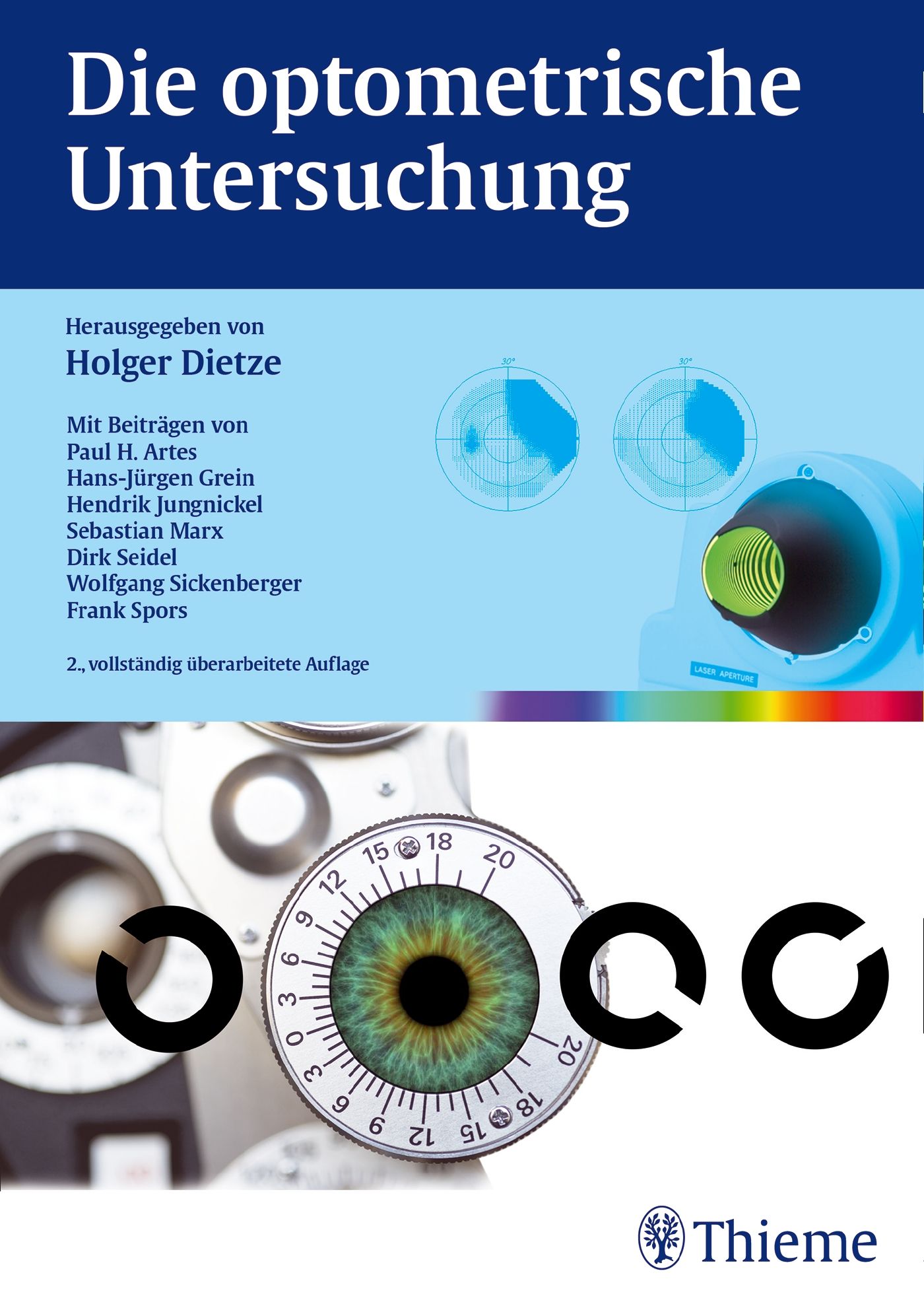 Buchcover: "Die optometrische Untersuchung". Herausgegeben von Holger Dietze. Mit Abbildungen von Augenuntersuchungsgeräten und Sehtestzeichen.