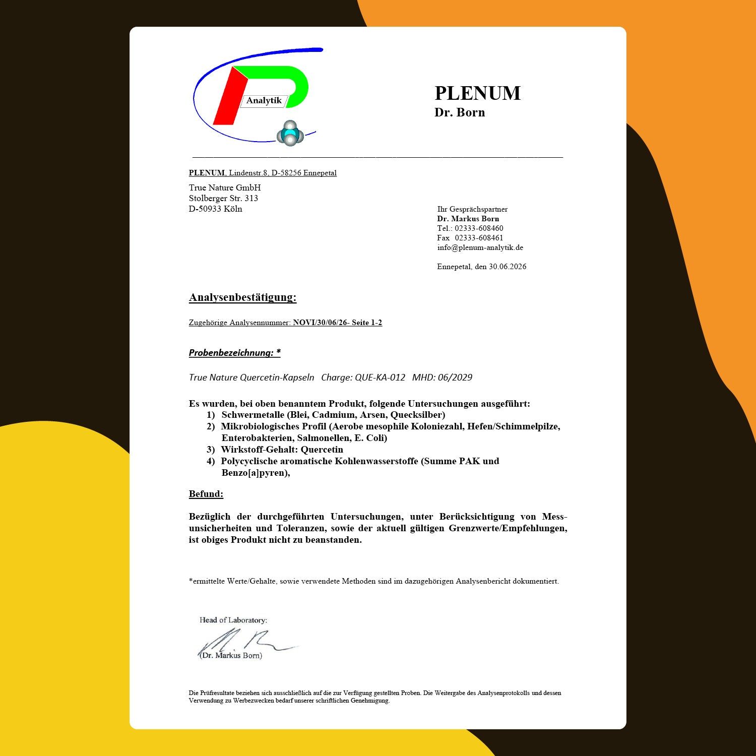 PLENUM Dr. Born Analyse-Zertifikat für TRUE NATURE Quercetin Kapseln.