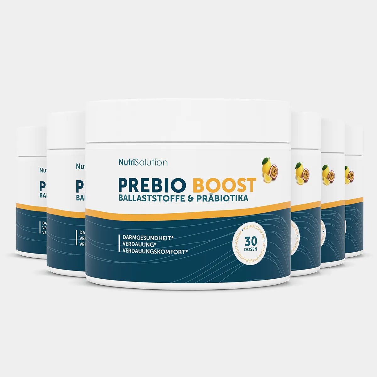 Sechs Dosen NutriSolution Prebio Boost Ballaststoffe & Präbiotika in Pulverform.