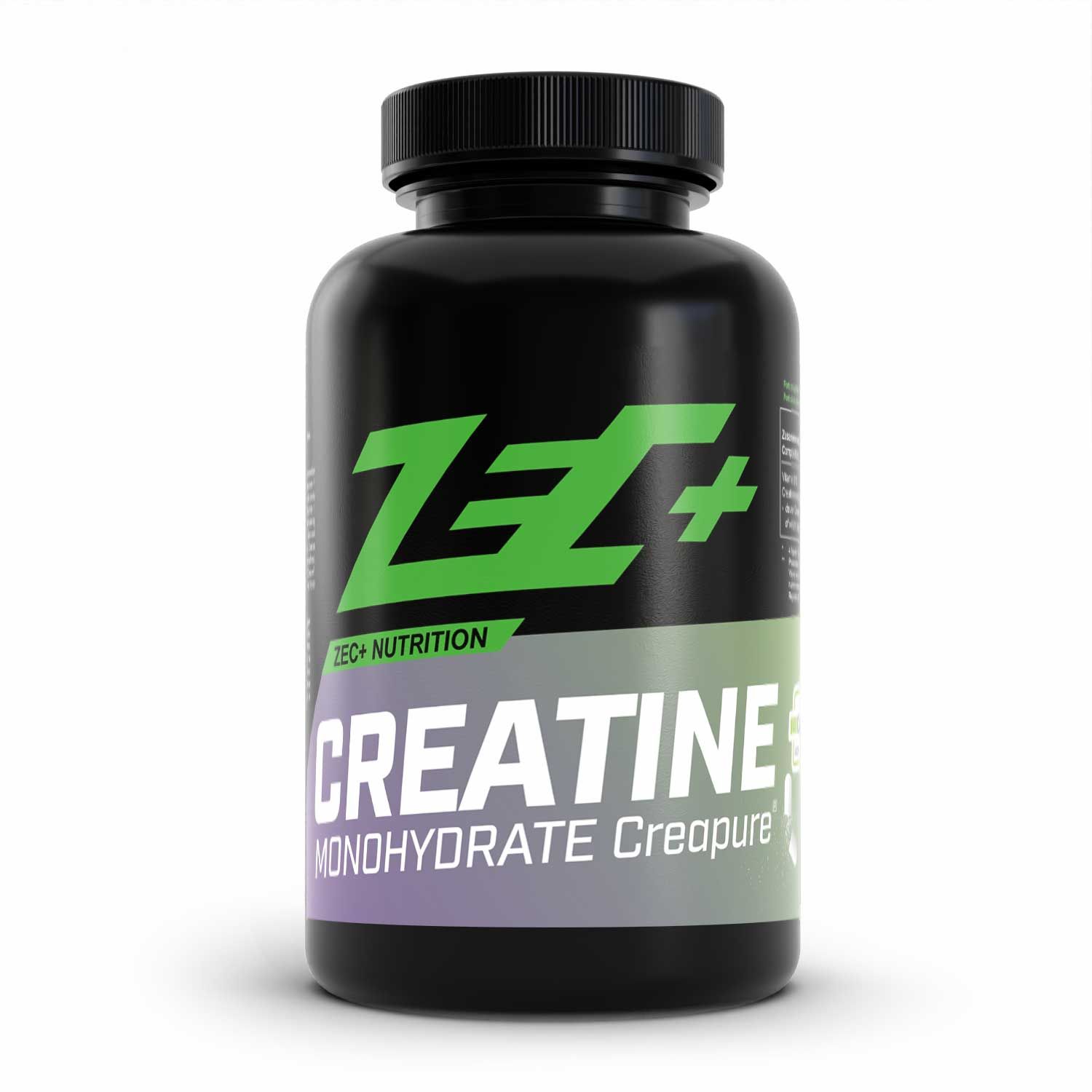 Schwarze Flasche mit grünem Etikett. Aufschrift: ZEC+ CREATINE MONOHYDRATE Creapure. Schwarzer Deckel. Produktname und Logo.