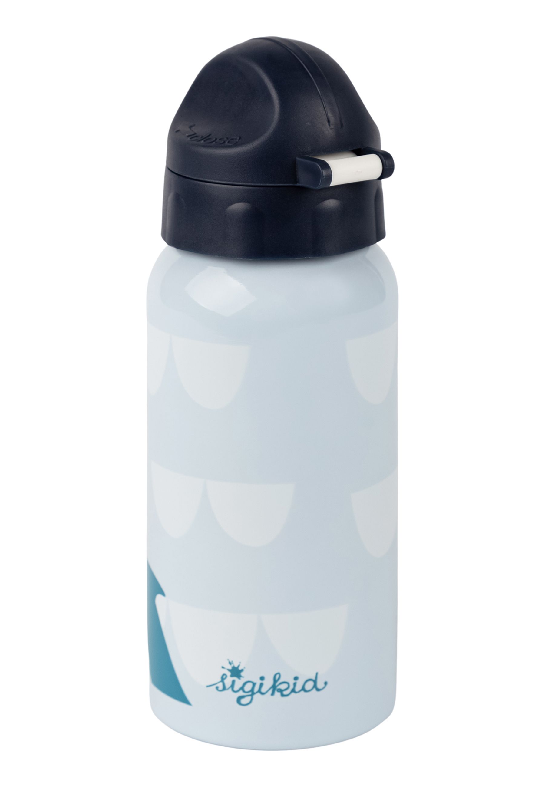 Hellblaue Trinkflasche mit Wal-Motiv und SIGIKID-Logo. Dunkelblauer Deckel. Edelstahl.