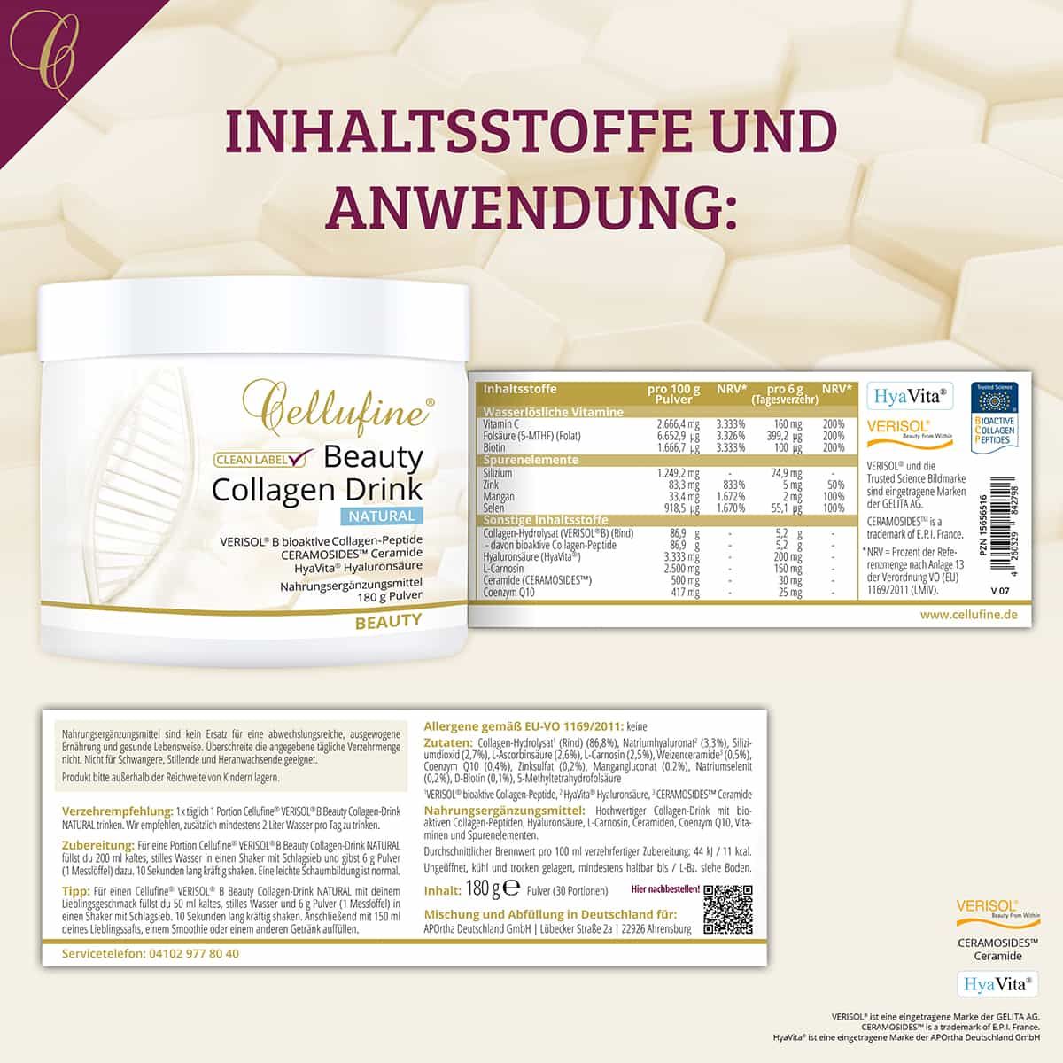 Behälter Cellufine Beauty Collagen Drink und Nährwerttabelle. Enthält VERISOL B, Ceramosides, Hyaluronsäure. Informationen zur Anwendung.