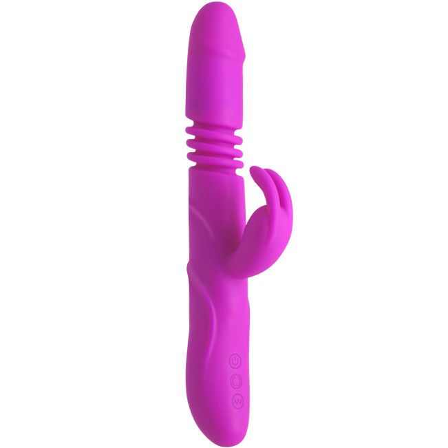 Lila Vibrator mit Kaninchenohren. Zylindrischer Schaft mit geriffelter Textur. Drei Knöpfe.