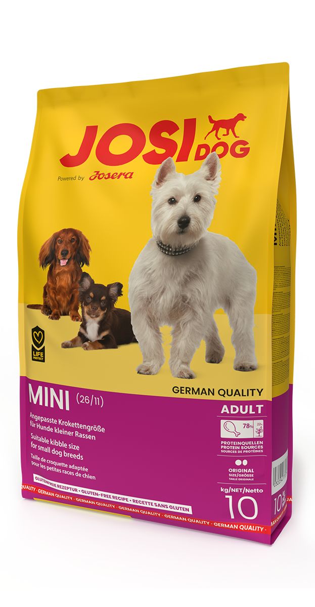 Gelbe JosiDog-Tasche mit Hundefutter für kleine Rassen. Aufdruck: Mini, German Quality, 10 kg. Abgebildet sind Hunde.
