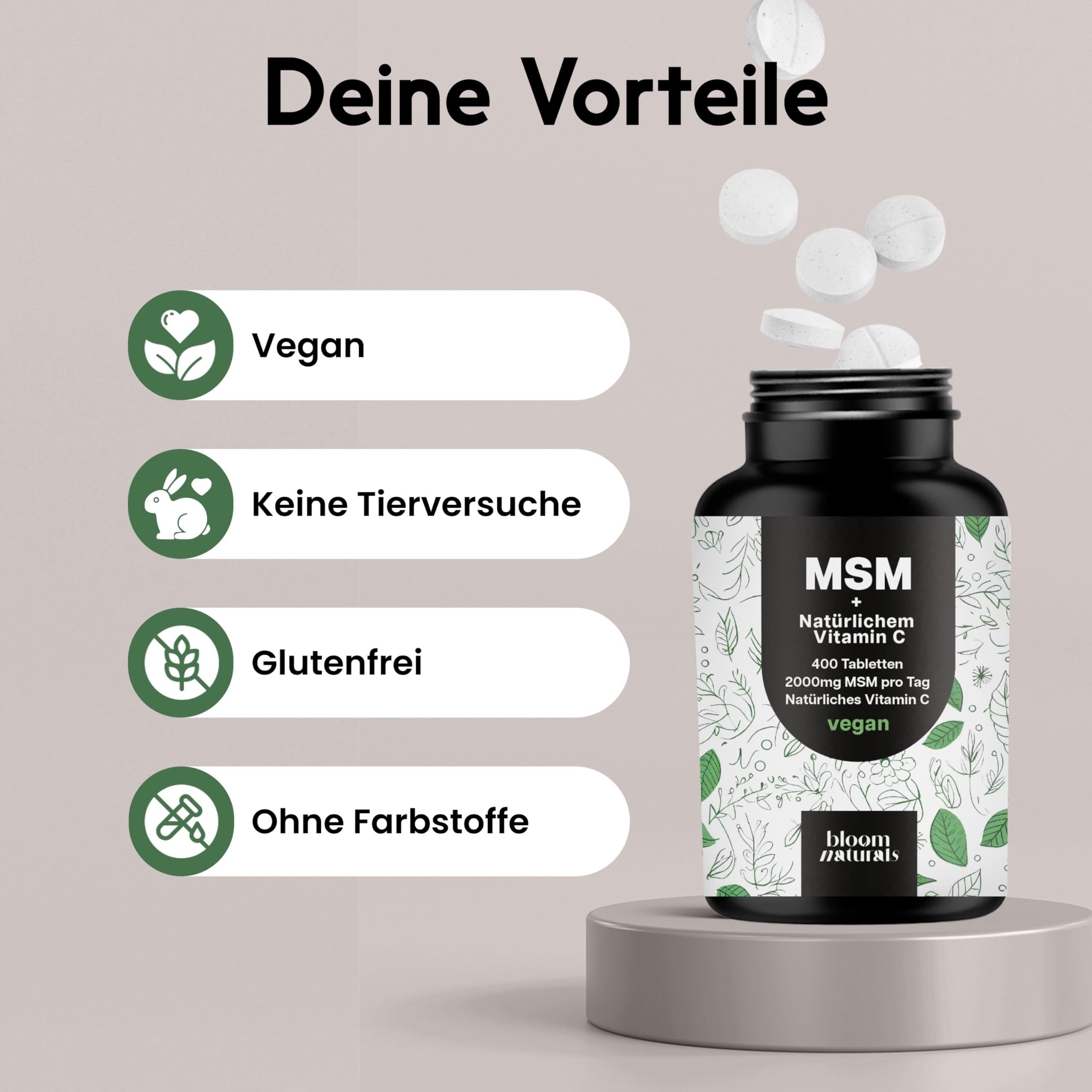 Eine Flasche MSM Tabletten neben Icons: Vegan, Keine Tierversuche, Glutenfrei, Ohne Farbstoffe. Text: Deine Vorteile.
