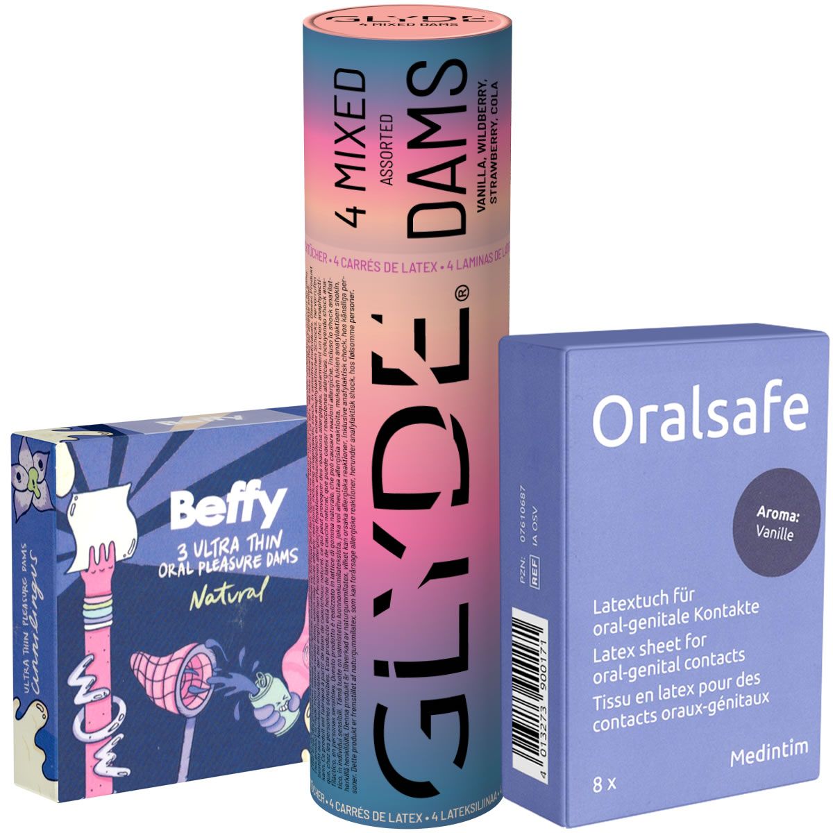 Drei Packungen mit Oral-Dams: Beffy (3 Stück, Natural), Glyde (4 Stück, Assorted) und OralSafe (8 Stück, Vanille).