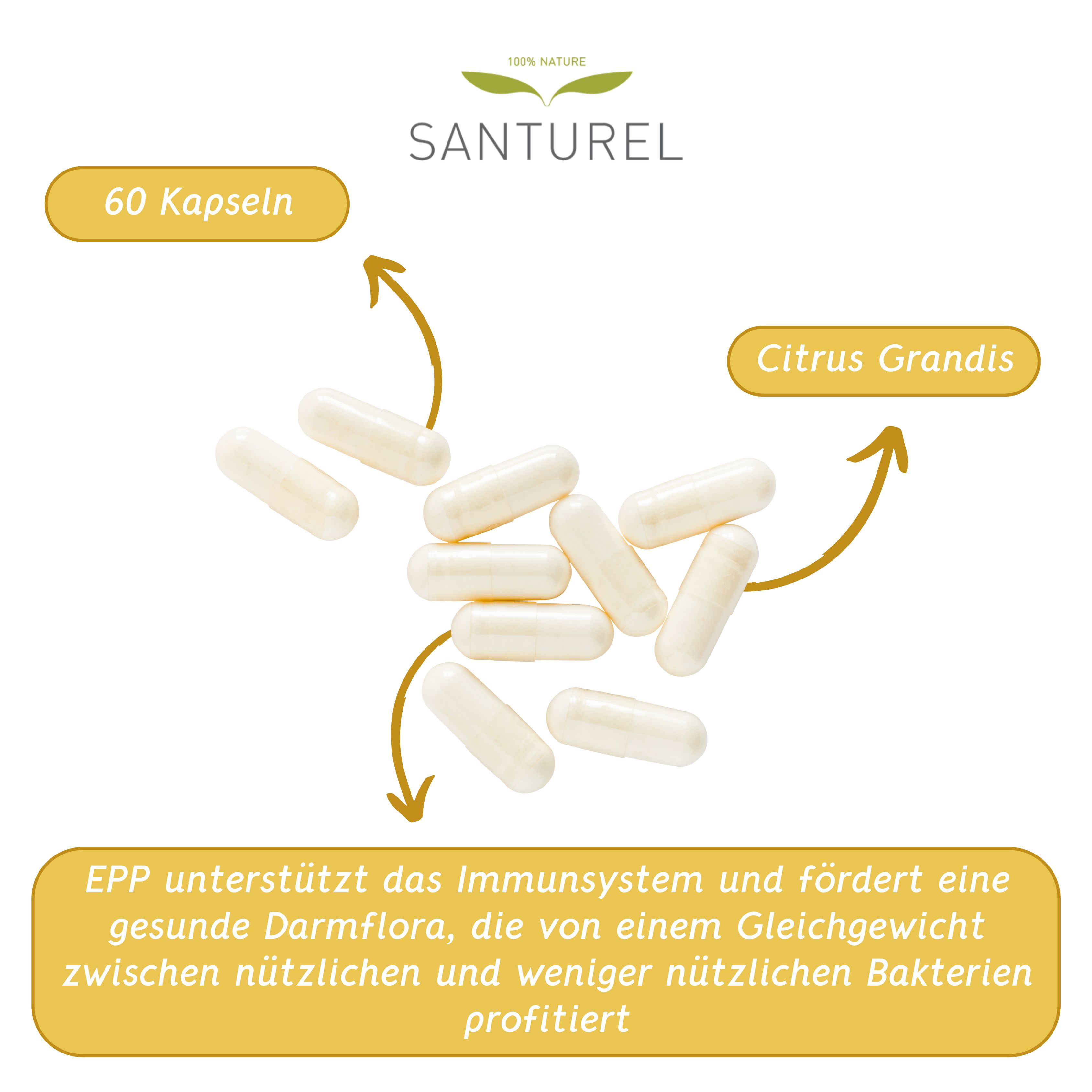 Weiße Kapseln. Beschriftung: 60 Kapseln. Pfeile zeigen auf Citrus Grandis. Text: EPP unterstützt das Immunsystem.