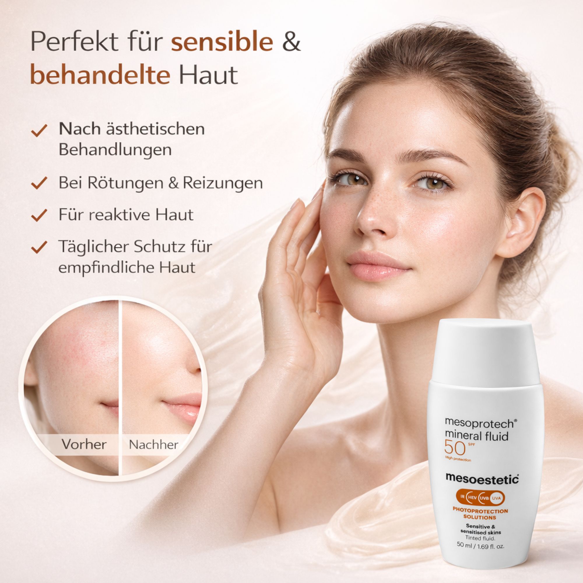 Frau mit Produkt. Mesoestetic Mesoprotech Mineral Fluid 50. Vorher/Nachher-Vergleich. Für sensible Haut.