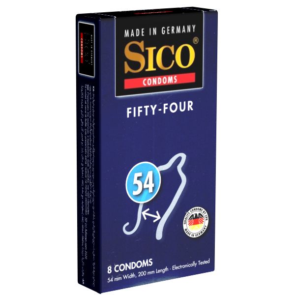Blau-weiße Schachtel mit Kondomen. Aufschrift: Sico, Fifty-Four, 54 mm Breite, 8 Stück. Hergestellt in Deutschland. Mit Qualitätszeichen.