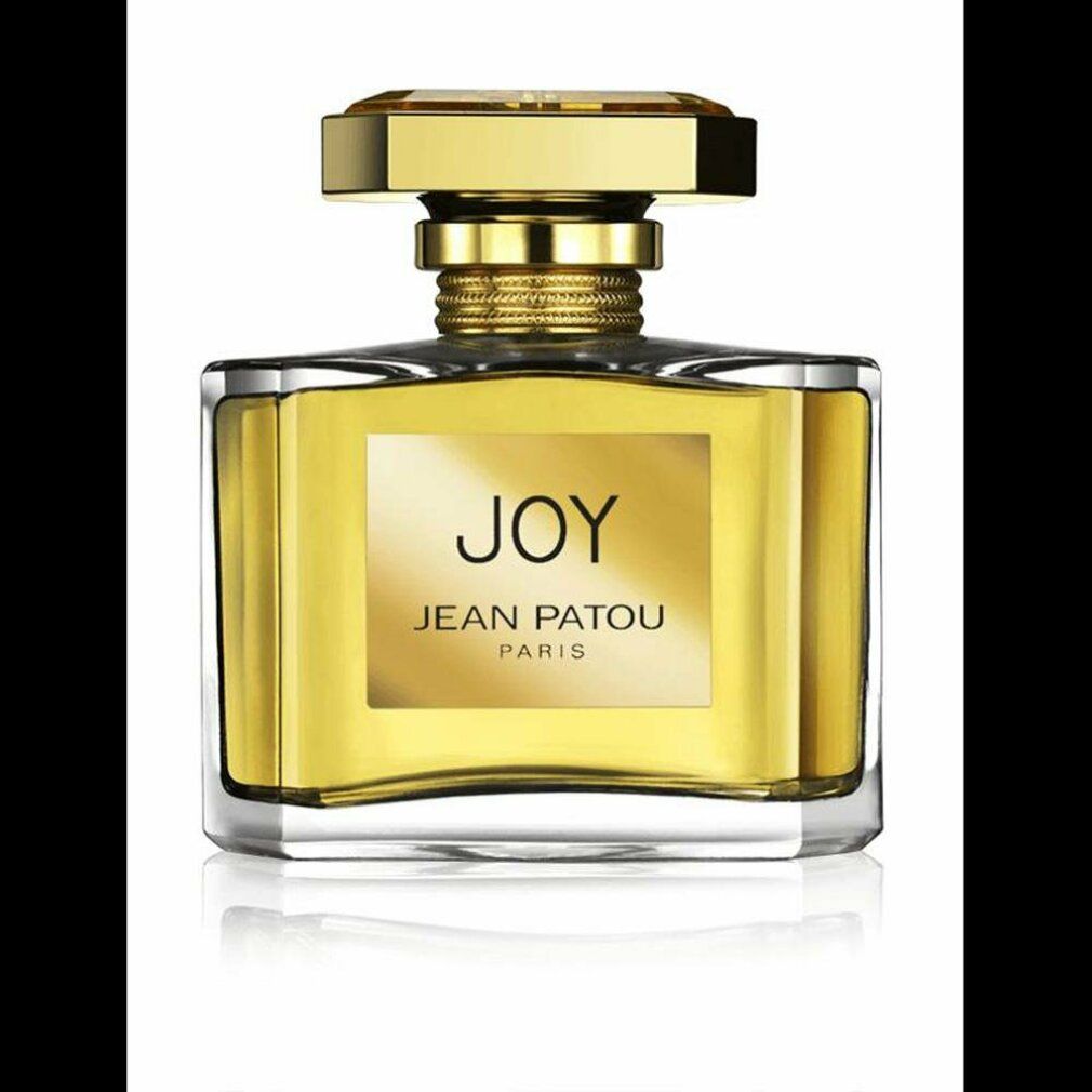 Parfümflakon mit goldfarbenem Verschluss und Etikett "JOY JEAN PATOU PARIS". Quadratischer Flakon mit goldener Flüssigkeit.