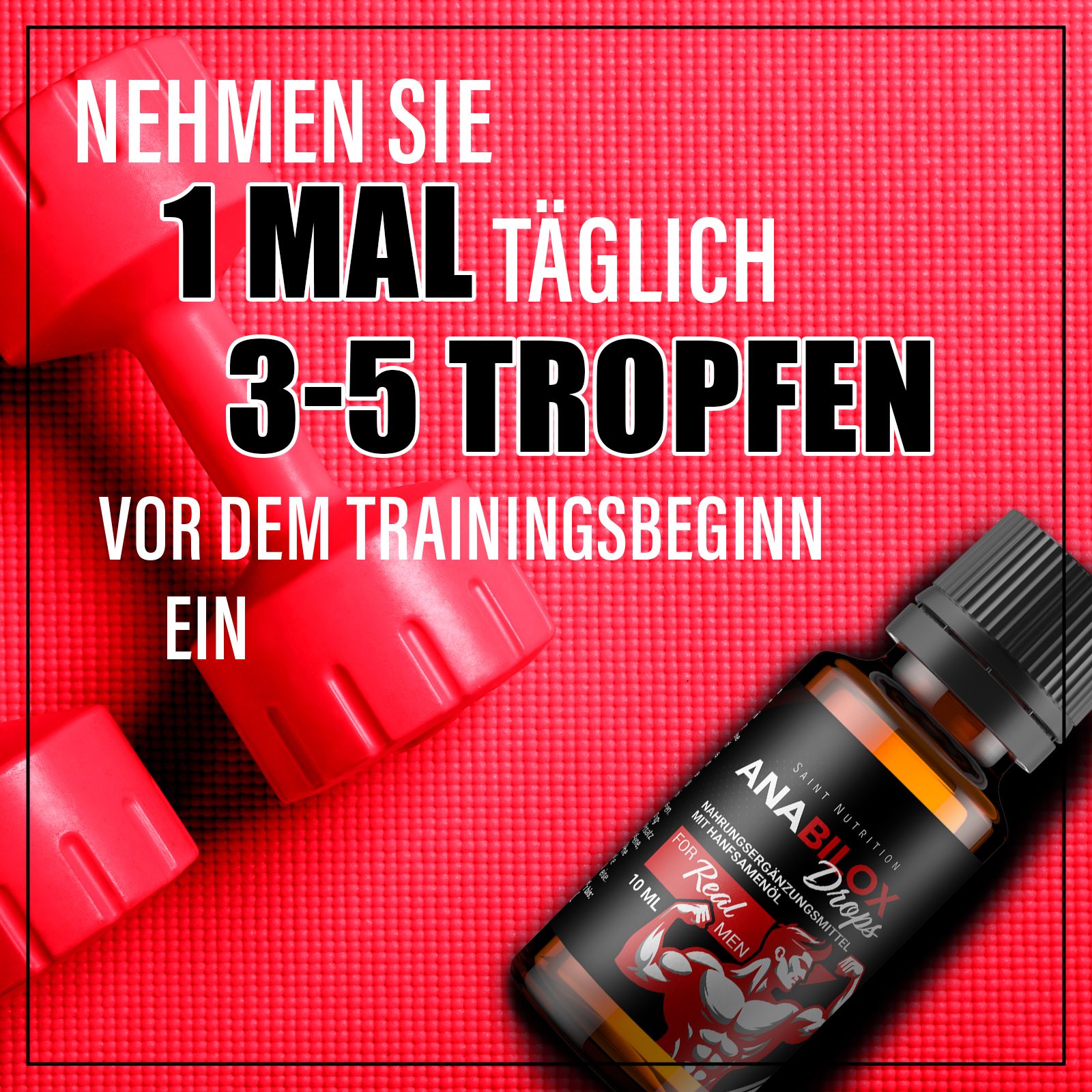 Produktflasche vor rotem Hintergrund mit Hanteln. Text: Nehmen Sie 1 mal täglich 3-5 Tropfen.