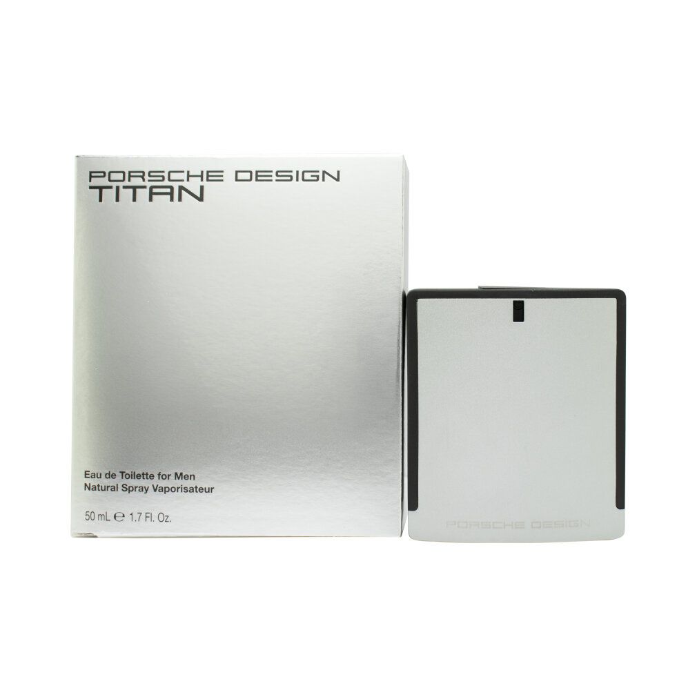 Eau de Toilette und Verpackung. Silberfarbene Flasche und Box. Schwarze Akzente. Schriftzug: Porsche Design Titan.