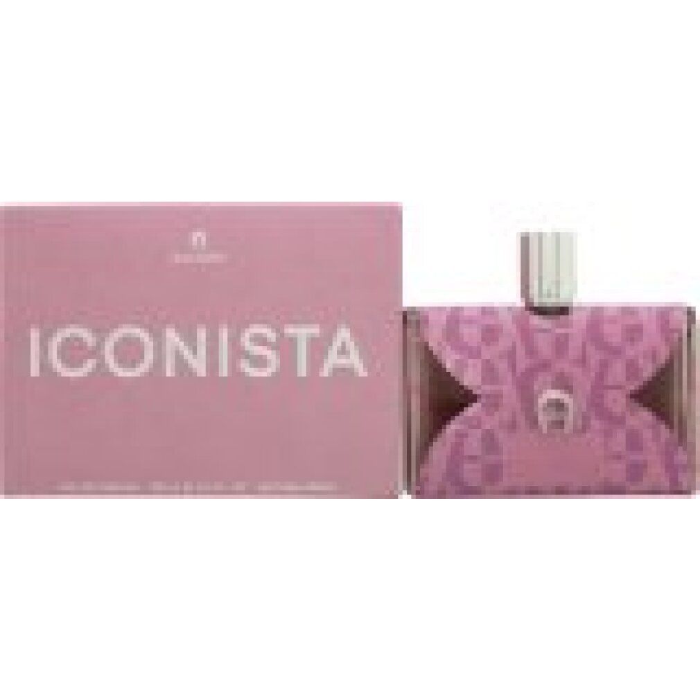 Parfümflakon und Verpackung. Flakon mit lila Lederoptik, Aigner-Logo, Schriftzug ICONISTA. Verpackung mit Schriftzug ICONISTA.